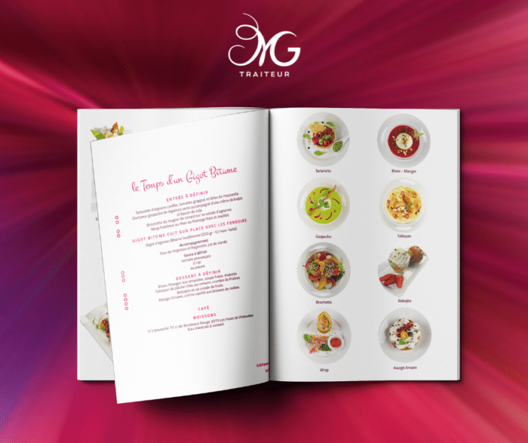 La carte MG Traiteur ouverte sur le menu « Le Temps d'un Gigot Bitume » et ses plats photographiés