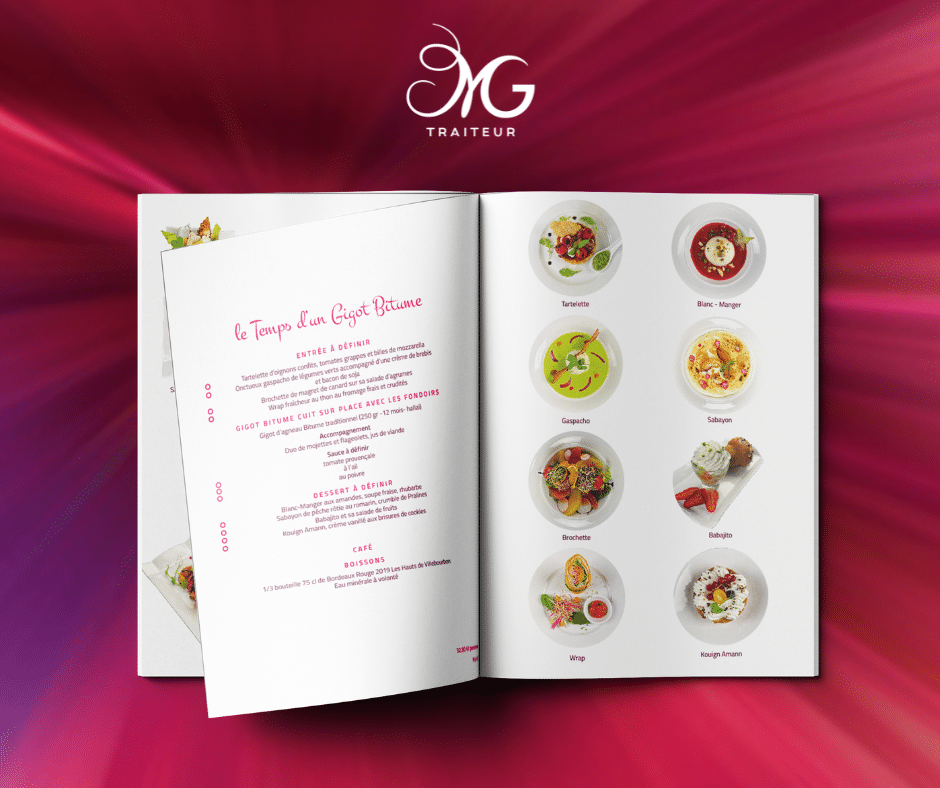 La carte MG Traiteur ouverte sur le menu « Le Temps d'un Gigot Bitume » et ses plats photographiés